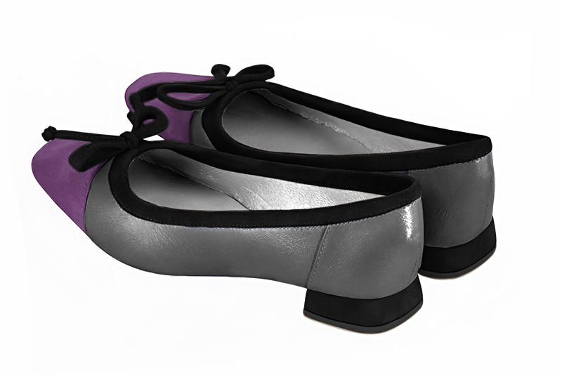 Amethyst purple, dark silver and matt black women's ballet pumps, with low heels. Square toe. Flat flare heels. Rear view - Florence KOOIJMAN